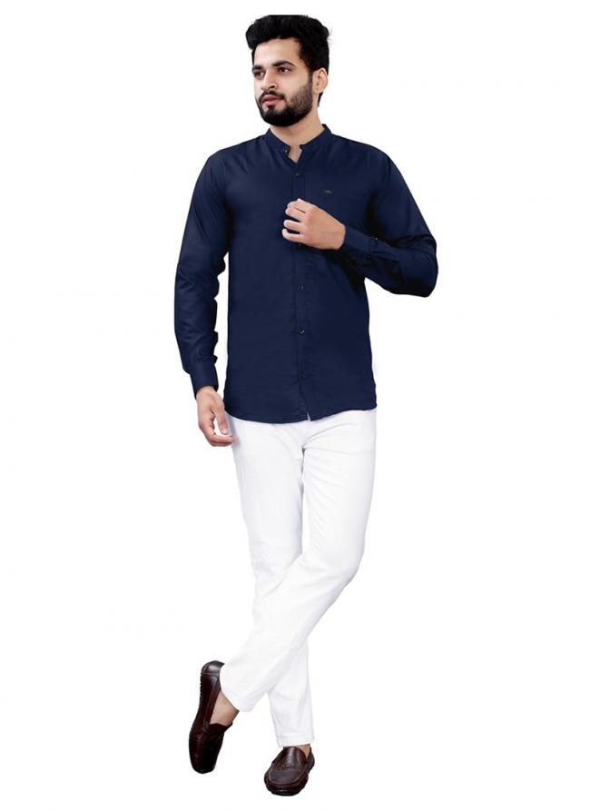 Navy Blue Cotton Daily Wear Plain Mens Shirt