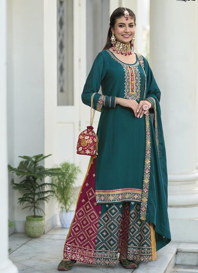 Blue Chinnon Silk Traditional Wear Embroidery Work Palazzo Suit