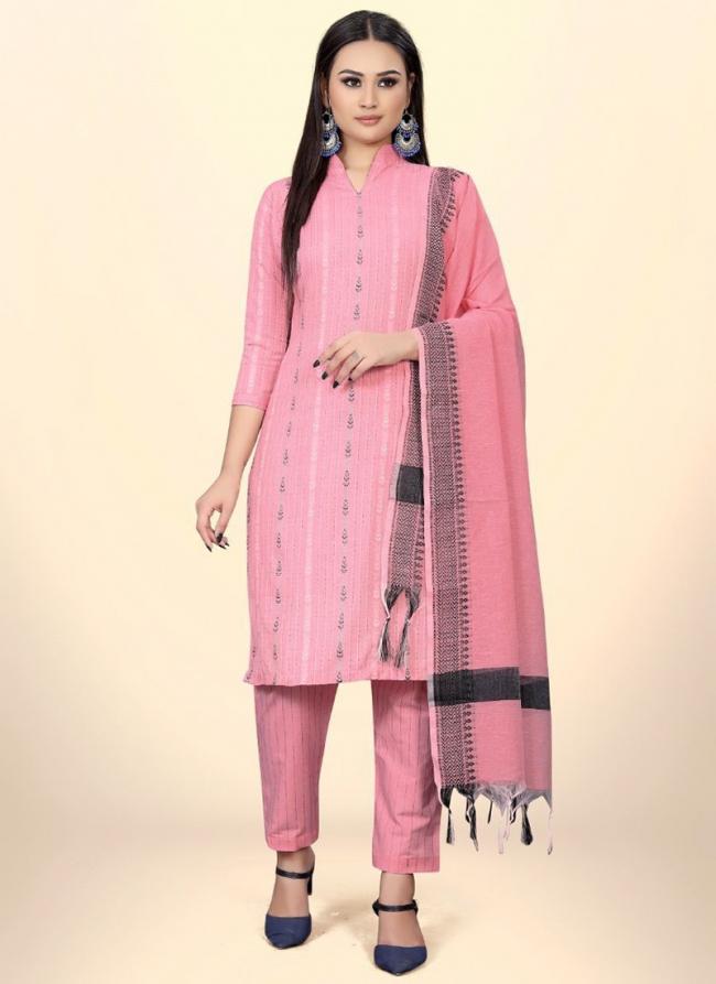 Pink Cotton Casual Wear Jacquard Churidar Suit