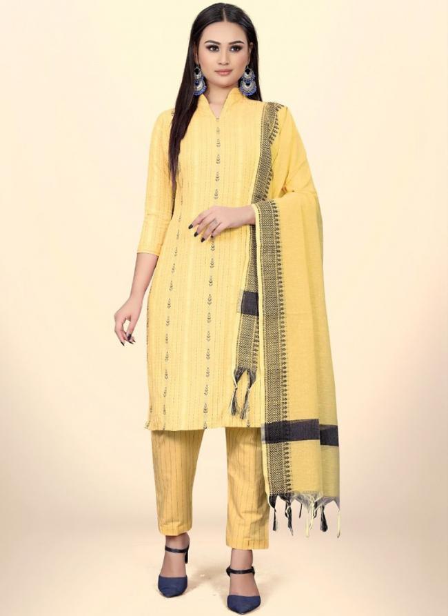 Yellow Cotton Casual Wear Jacquard Churidar Suit