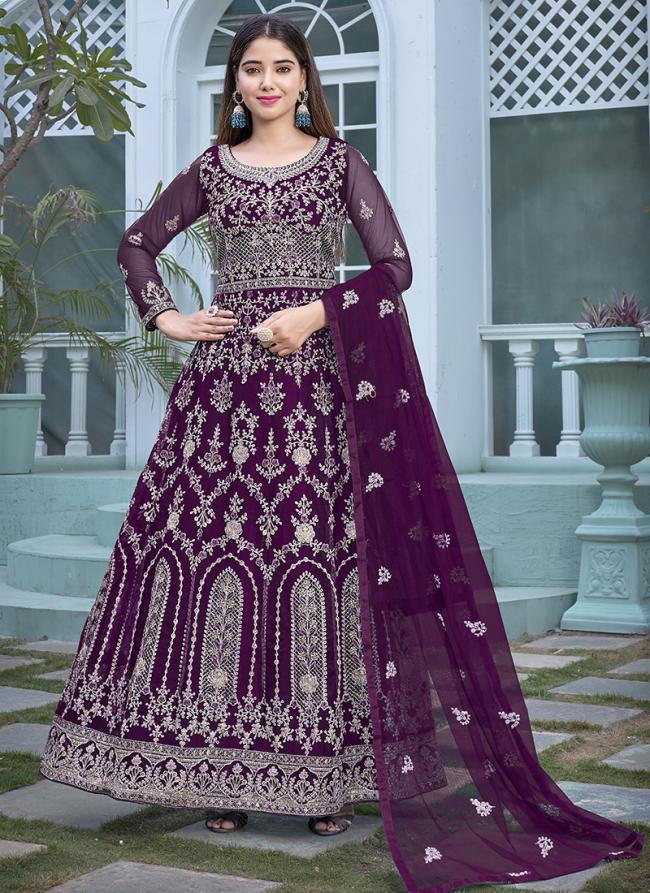Purple Net Wedding Wear Embroidery Work Anarkali Suit