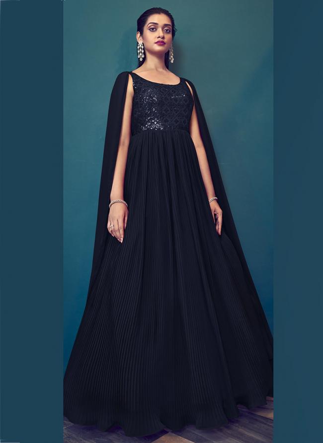 Navy Blue Georgette Party Wear Sequins Work Gown