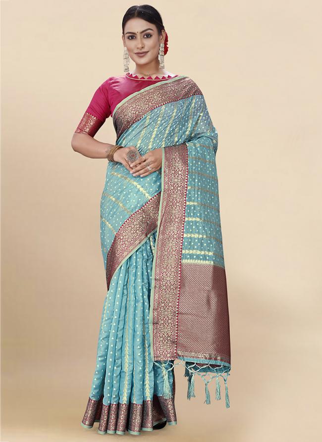 Firozi Soft Organza Party Wear Weaving Saree