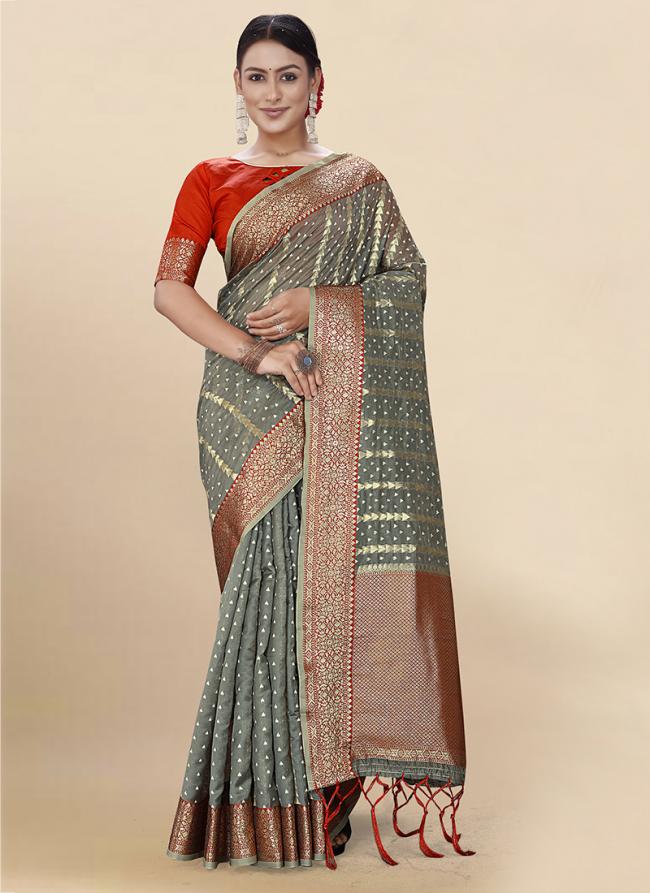 Grey Soft Organza Party Wear Weaving Saree