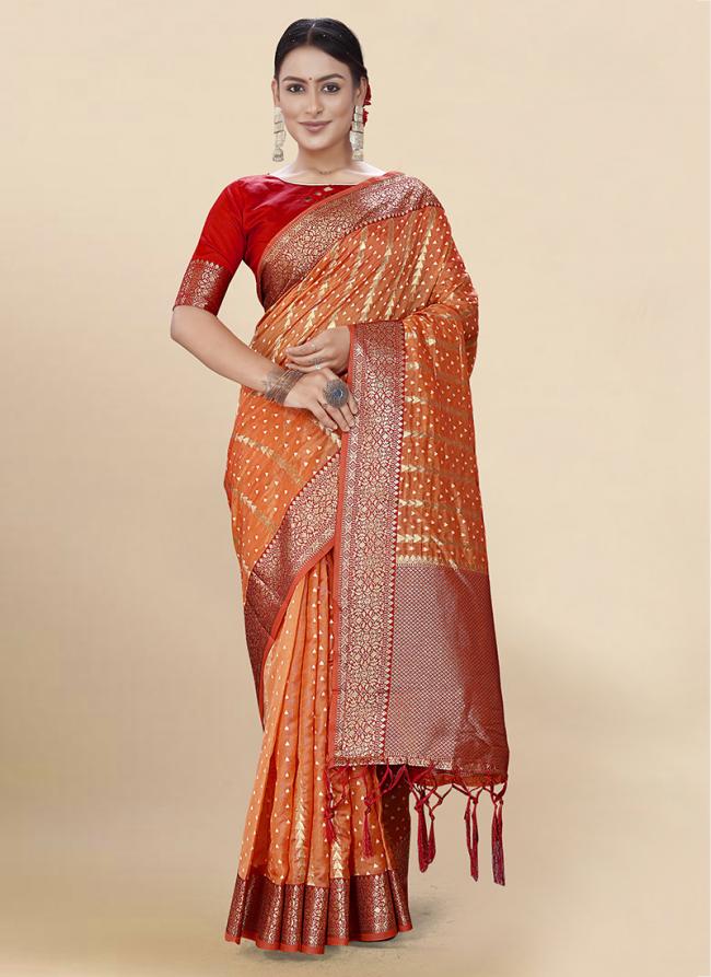 Orange Soft Organza Party Wear Weaving Saree