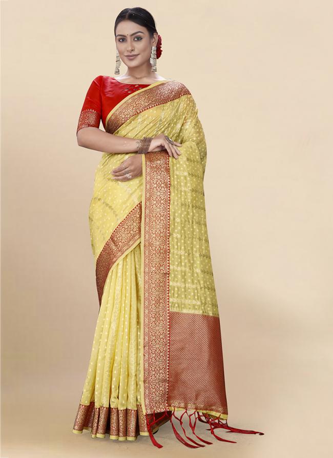 Yellow Soft Organza Party Wear Weaving Saree