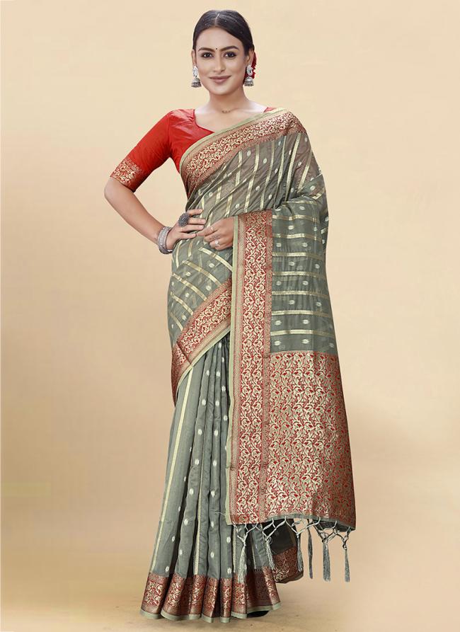 Grey Soft Organza Traditional Wear Weaving Saree