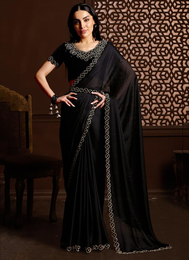 Black Satin Chiffon Silk Party Wear Zarkan Work Saree