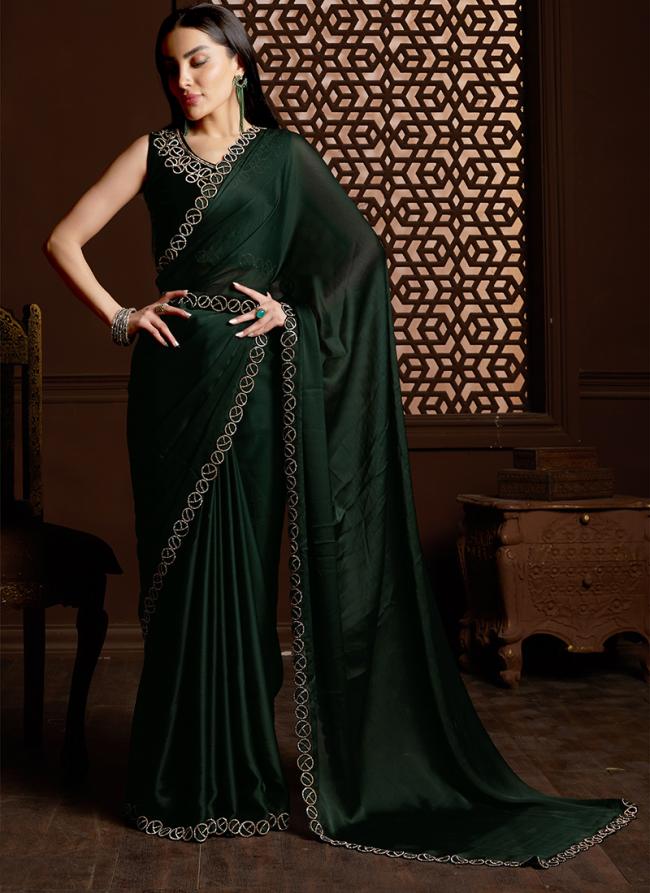 Bottle Green Satin Chiffon Silk Party Wear Zarkan Work Saree