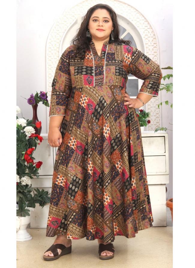 Brown Rayon Casual Wear Printed Gown
