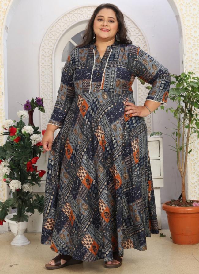 Grey Rayon Casual Wear Printed Gown
