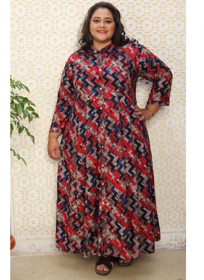 Red Rayon Casual Wear Printed Gown