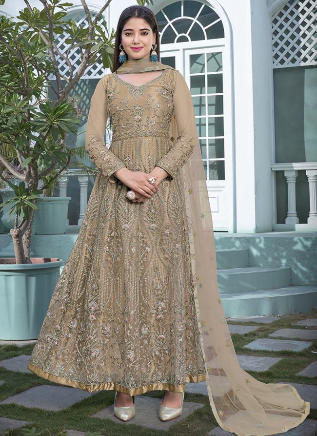 Cream Net Wedding Wear Embroidery Work Anarkali Suit