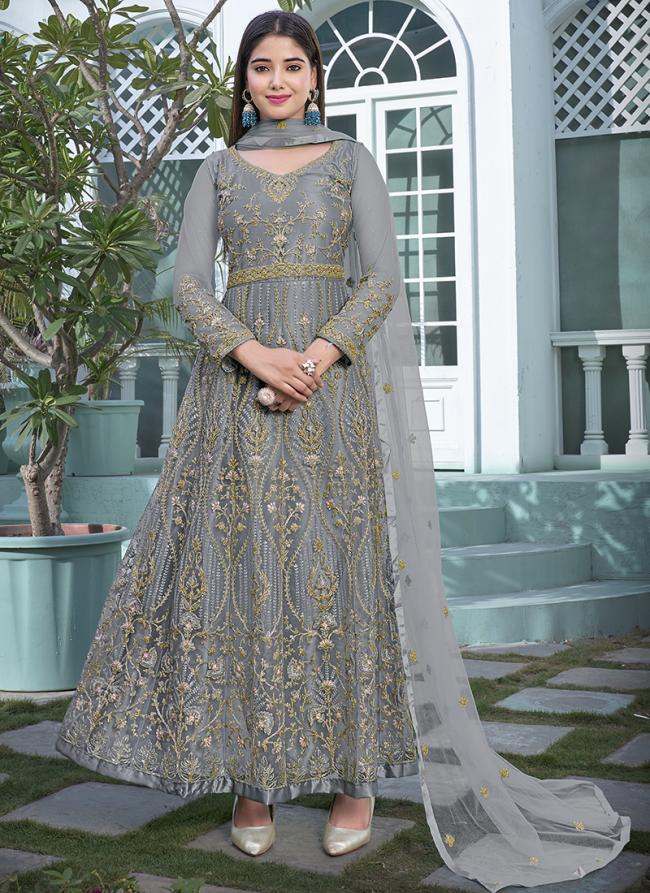 Grey Net Wedding Wear Embroidery Work Anarkali Suit