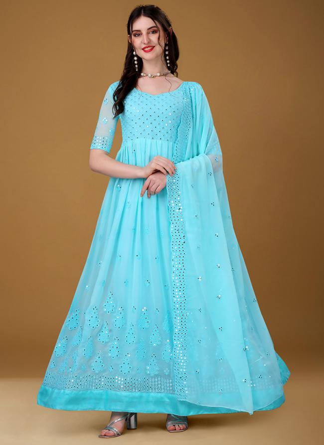 Sky Blue Faux Georgette Festival Wear Embroidery Work Gown With Dupatta