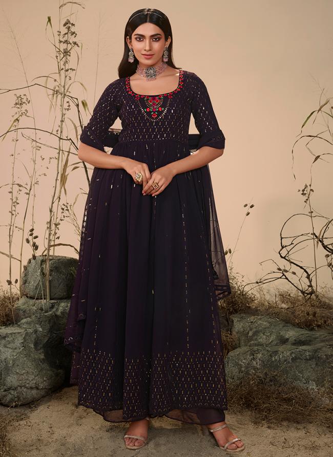 Purple Georgette Eid Wear Thread Work Readymade Salwar Suit