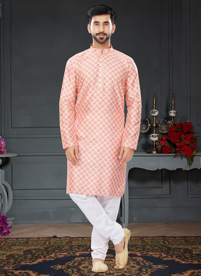 Peach Pink Silk Traditional Wear Digital Printed Kurta Pajama
