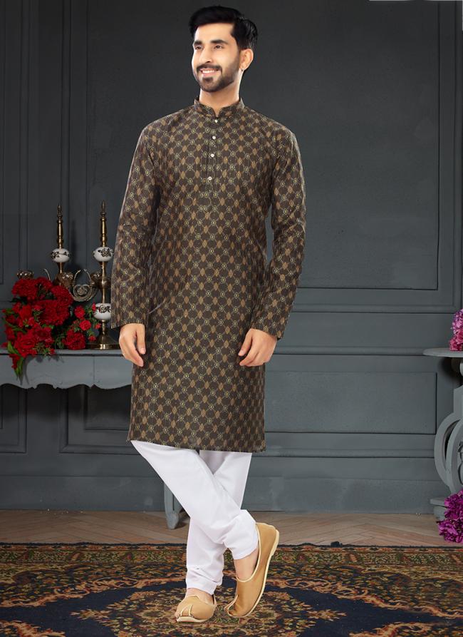 Dark Stone Brown Silk Traditional Wear Digital Printed Kurta Pajama