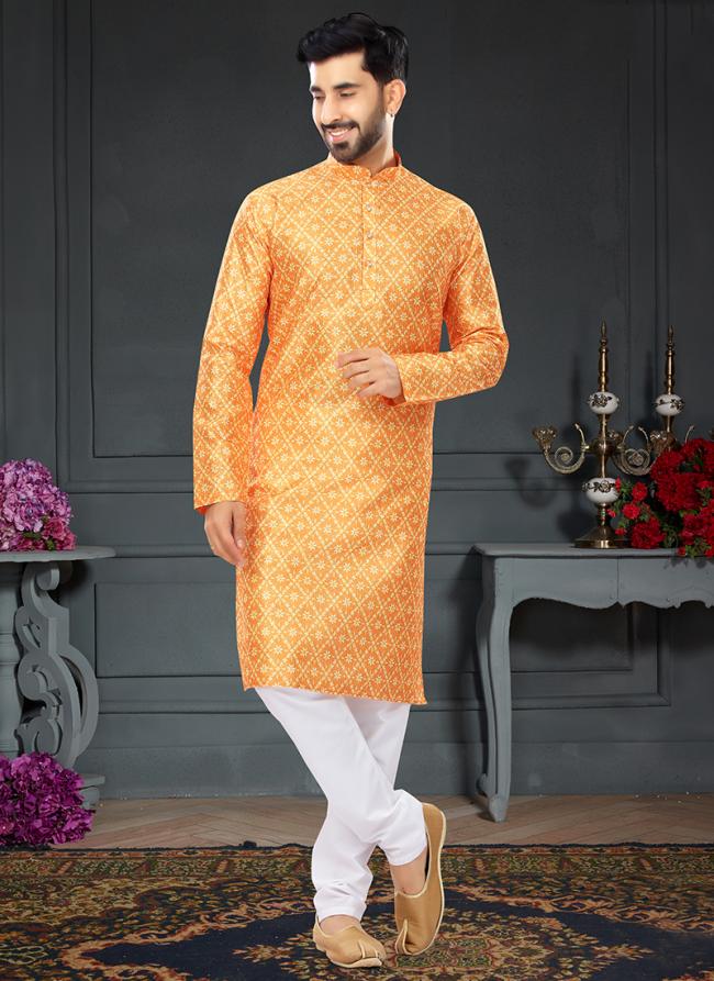 Mustard Orange Silk Traditional Wear Digital Printed Kurta Pajama