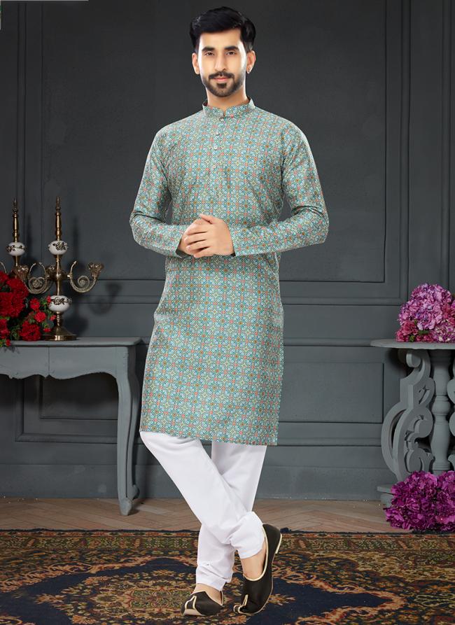Off Turquoise Silk Traditional Wear Digital Printed Kurta Pajama