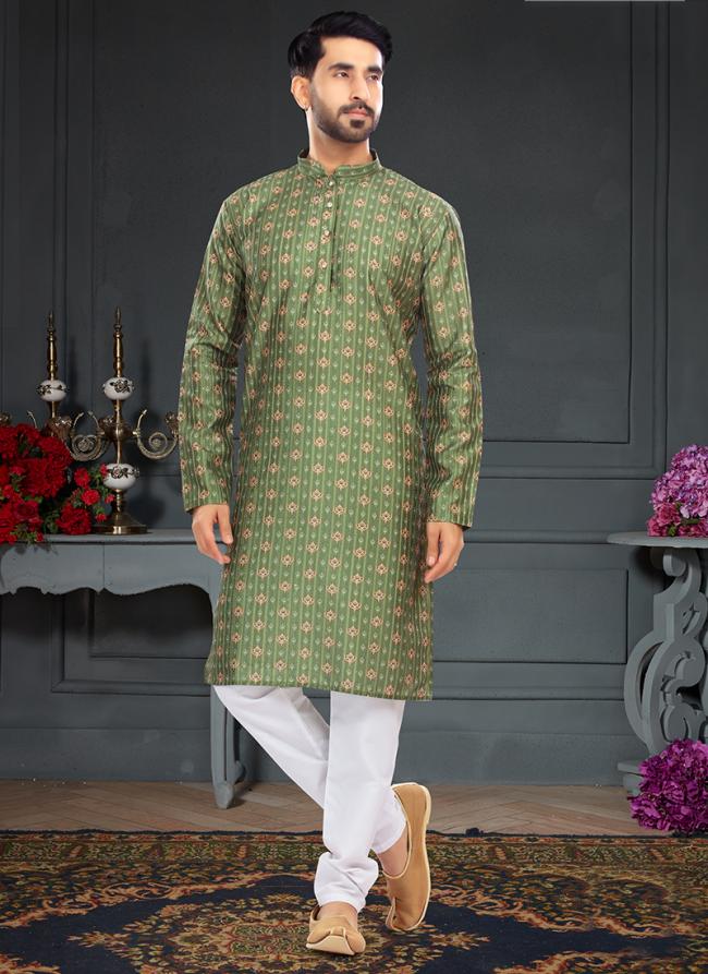 Olive Green Silk Traditional Wear Digital Printed Kurta Pajama