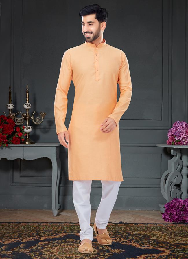 Light Peach Cotton Traditional Wear Jacquard Kurta Pajama