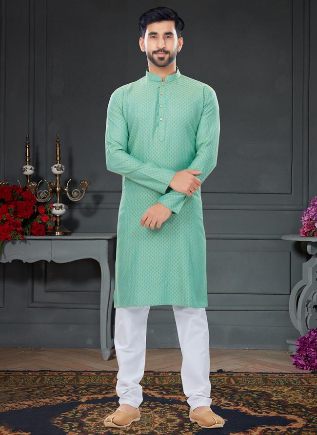 Mint Green Cotton Traditional Wear Jacquard Kurta Pajama