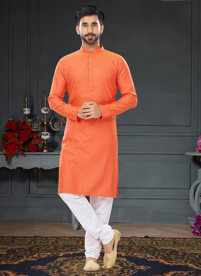 Orange Cotton Traditional Wear Jacquard Kurta Pajama