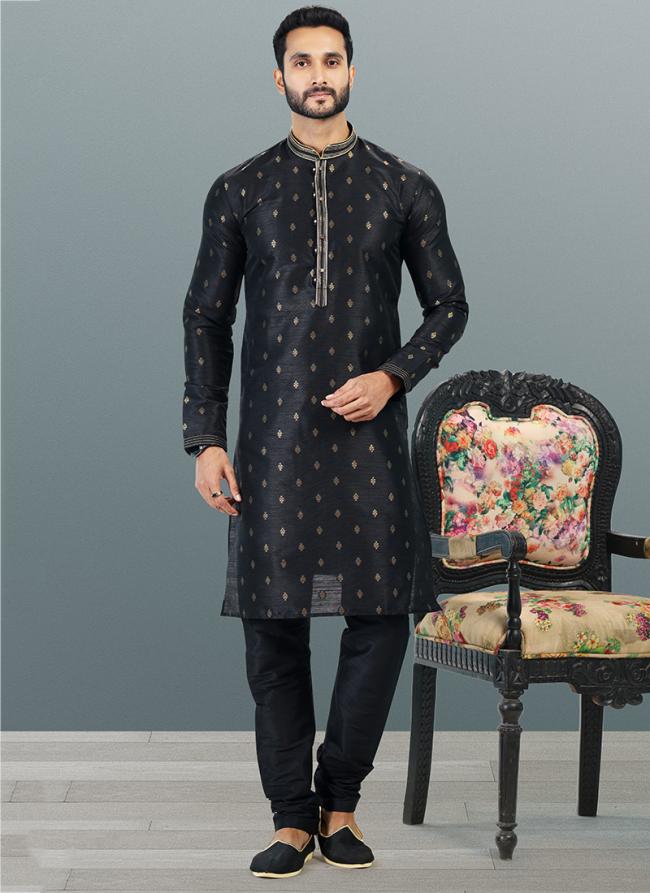 BLACK Banarasi Silk Festival Wear Jacquard Kurta Pajama