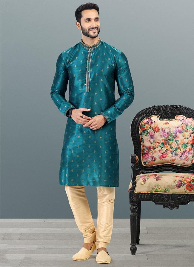 FIROZI BLUE Banarasi Silk Festival Wear Jacquard Kurta Pajama