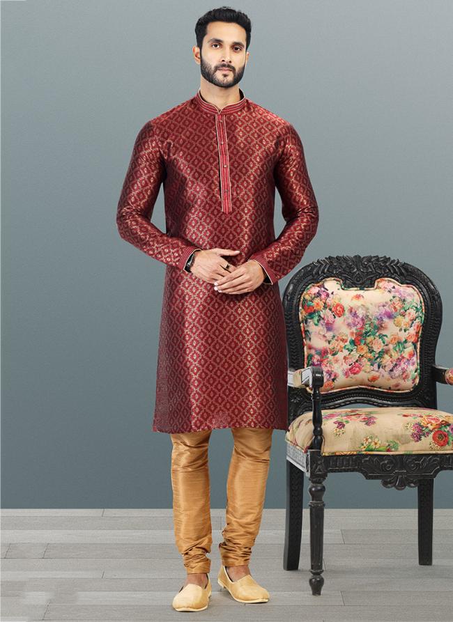 MAROON Banarasi Silk Festival Wear Jacquard Kurta Pajama