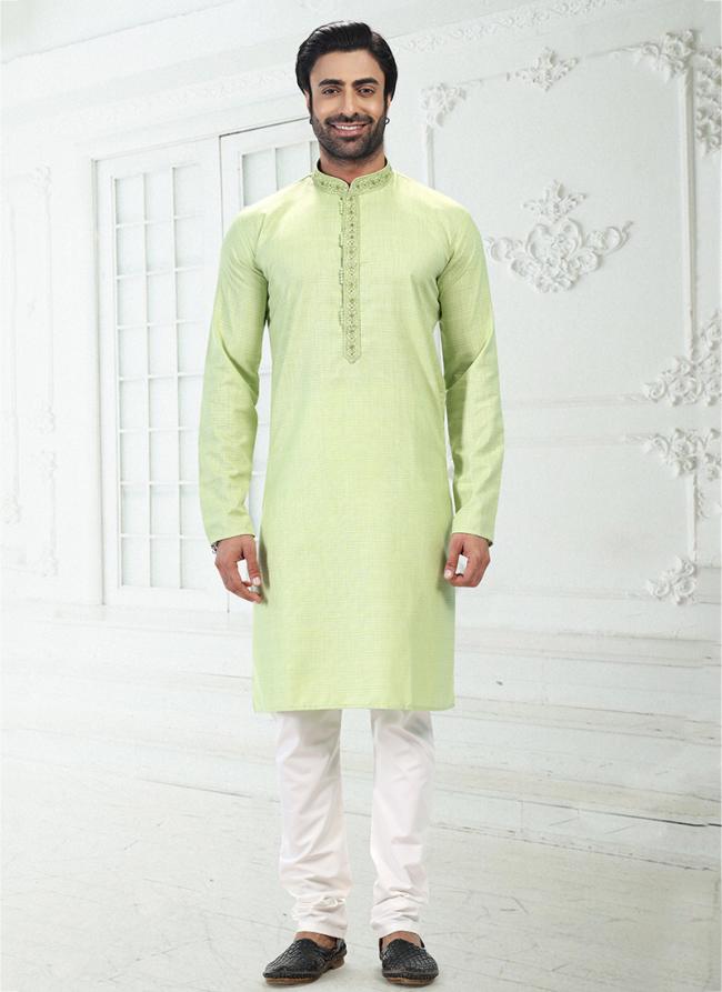 PISTA GREEN Linen Cotton Traditional Wear Thread Work Kurta Pajama