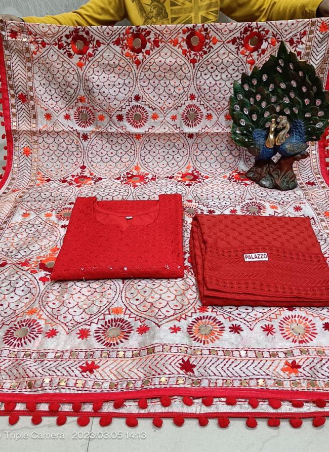 Red Cambric Cotton Festival Wear Sequins Work Readymade Salwar Suit