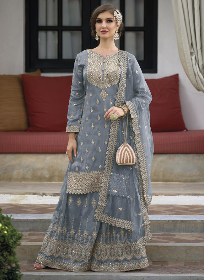 Blue Silk Eid Wear Embroidery Work Palazzo Suit