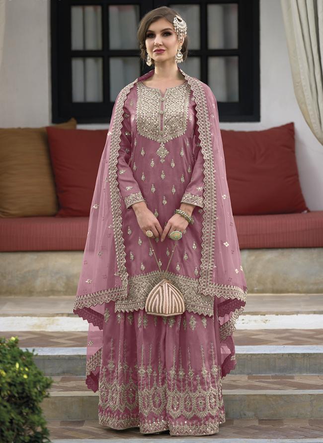 Pink Silk Eid Wear Embroidery Work Palazzo Suit