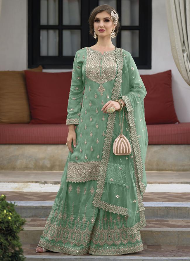 Pista Green Silk Eid Wear Embroidery Work Palazzo Suit