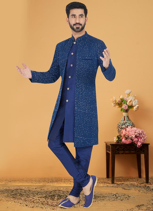 Blue Georgette Banarasi Dhupion Wedding Wear Embroidery Work Mens Indo Western