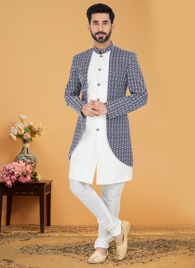 Blue White Banarasi Dhupion Wedding Wear Embroidery Work Mens Indo Western