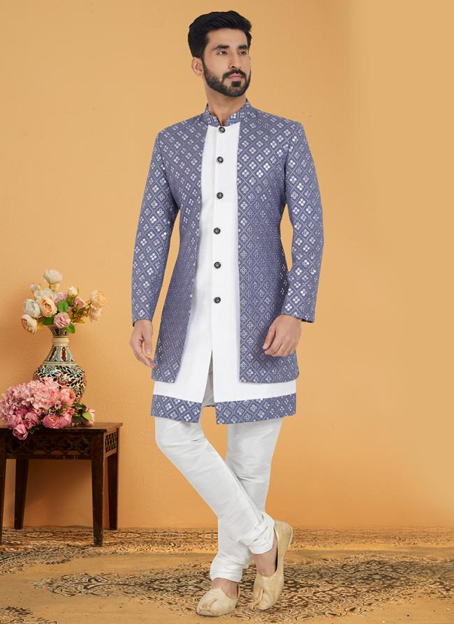 Grey White Georgette Banarasi Dhupion Wedding Wear Embroidery Work Mens Indo Western