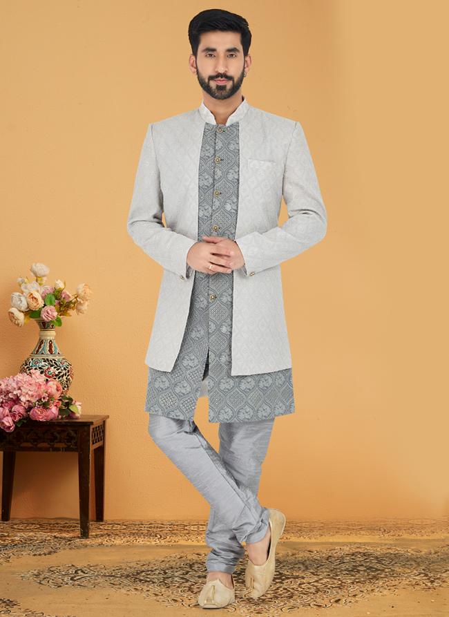 Ivory Grey Georgette Wedding Wear Embroidery Work Mens Indo Western