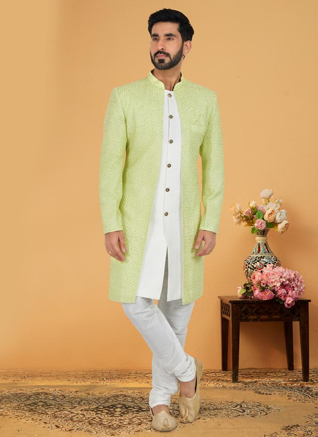 Lime Green White Georgette,Banarasi Dhupion Wedding Wear Embroidery Work Mens Indo Western