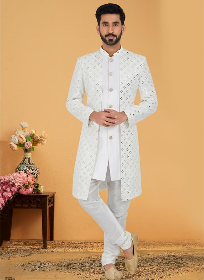 White Georgette Banarasi Dhupion Wedding Wear Embroidery Work Mens Indo Western