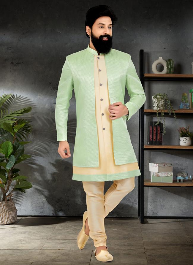 Green Gold Brocade Jacquard Banarasi Dhupion Wedding Wear Embroidery Work Mens Indo Western