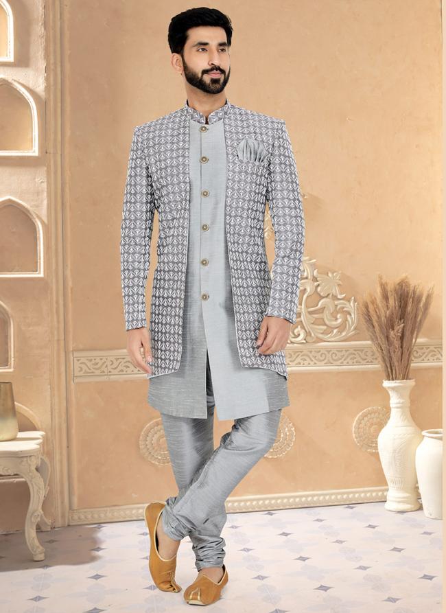 Grey Silk Banarasi Dhupion Wedding Wear Embroidery Work Mens Indo Western