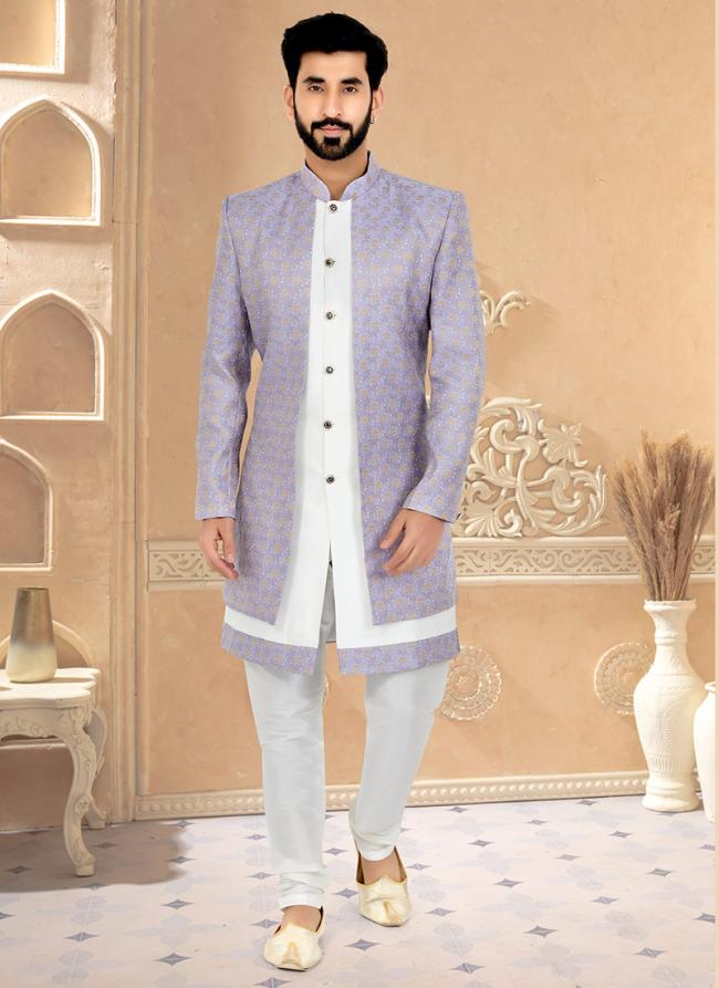 Lilac White Jacquard Silk Banarasi Dhupion Wedding Wear Embroidery Work Mens Indo Western