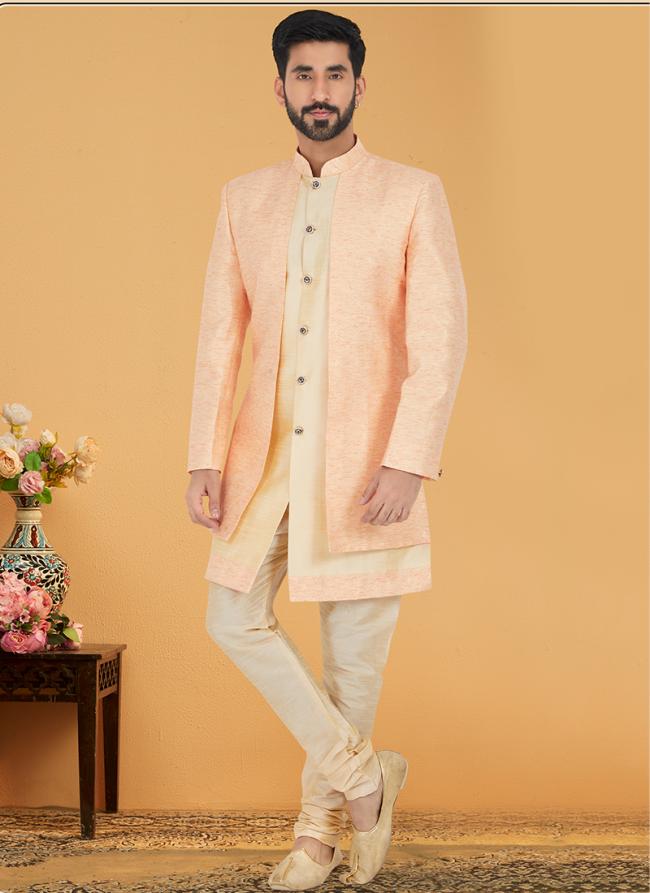 Multi Gold Cotton Jacquard Banarasi Dhupion Wedding Wear Embroidery Work Mens Indo Western