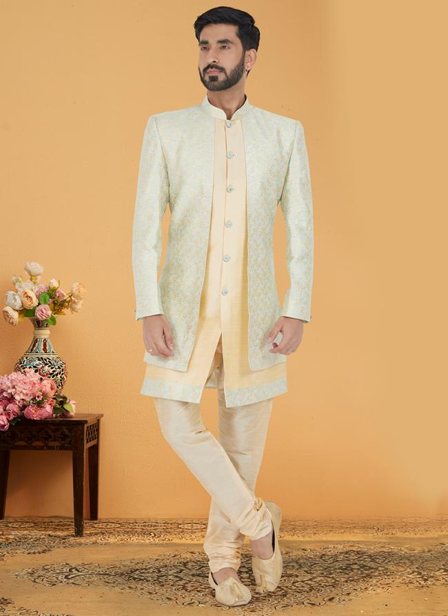 Multi Gold Jacquard Silk Banarasi Dhupion Wedding Wear Embroidery Work Mens Indo Western