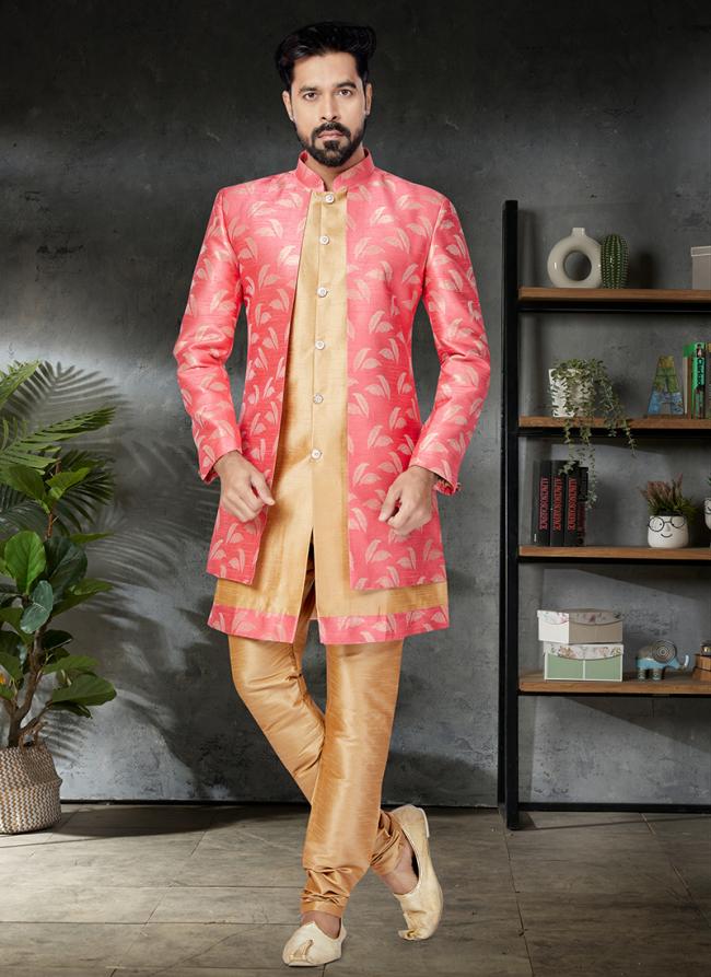 Orange  Chiku Jacquard Silk Banarasi Dhupion Wedding Wear Embroidery Work Mens Indo Western