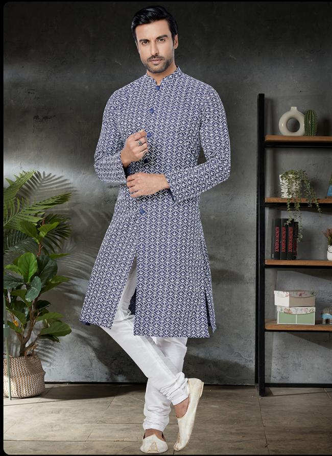 Blue Cotton Festival Wear Embroidery Work Kurta Pajama