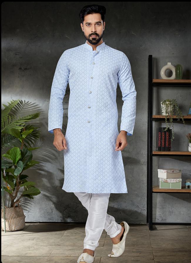 Sky Blue Cotton Festival Wear Embroidery Work Kurta Pajama